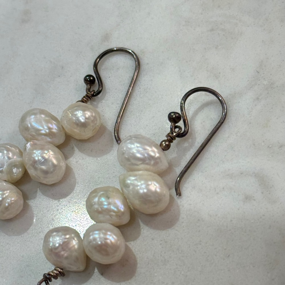Freshwater Pearl Drop Earrings White Sterling Silver Quartz Dangle Coastal Beach - Picture 2 of 4